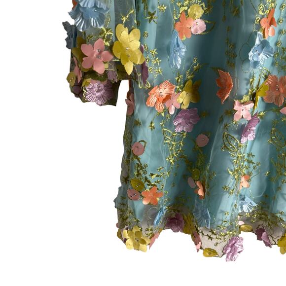 Mestiza Flora Blue 3D Floral Appliqué Flare Sleeve Cocktail Mini Dress Size M - Picture 8 of 16